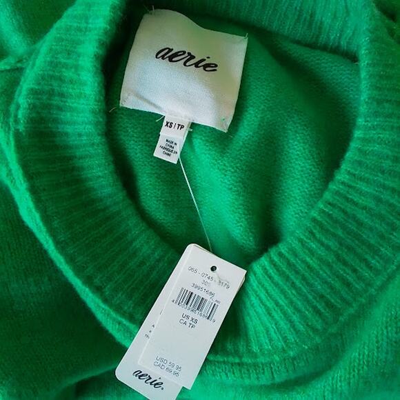 Aerie Cozy Knit Crewneck Sweater Green XS NWT - Picture 2 of 3
